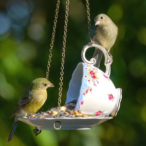 Blue, Green Teacup Birdfeeder, Bird Feeder, Unique Gift, Hanging Feeder, Bird Watcher, Nature, Garden, Mom Gift, Birthday Gift, Housewarming