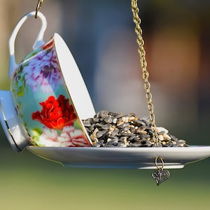 Teacup Bird feeder, Hanging Birdfeeder, Unique Birdfeeder, Bird Lover Gift green