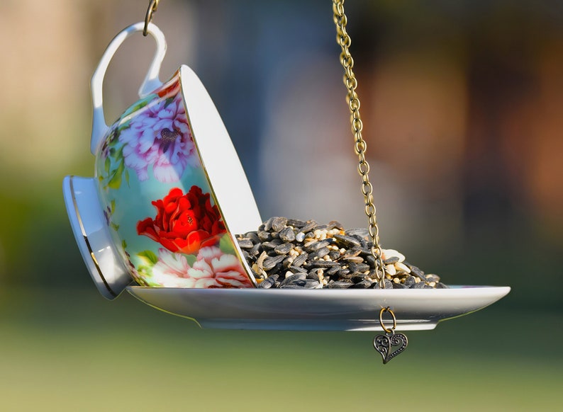 Teacup Bird feeder, Hanging Birdfeeder, Unique Birdfeeder, Bird Lover Gift green
