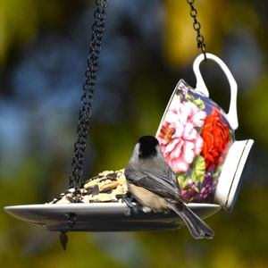 Teacup Bird feeder, Hanging Birdfeeder, Unique Birdfeeder, Bird Lover Gift Blue