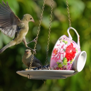 Teacup Bird feeder, Hanging Birdfeeder, Unique Birdfeeder, Bird Lover Gift image 2