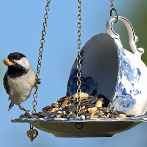 Teacup Birdfeeder, Outdoor, Blue and White Teacup, Hanging Feeder, Unique Gift