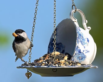 Teacup Birdfeeder, Outdoor, Blue and White Teacup, Hanging Feeder, Unique Gift