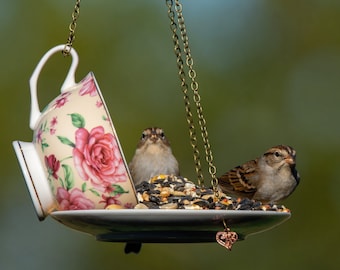 Teacup Bird feeder, Hanging Birdfeeder, Unique Birdfeeder, Bird Lover Gift