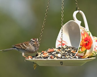 Teacup Bird Feeder: Hanging Garden Art with Birdseed