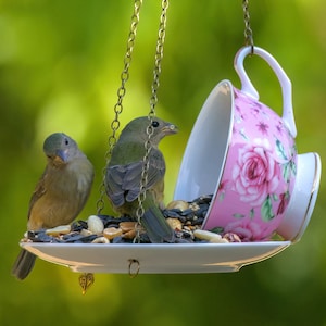 Teacup Bird feeder, Hanging Birdfeeder, Unique Birdfeeder, Bird Lover Gift image 9