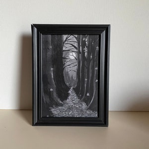 Fall moonlight path through the trees. Art print. Black and white.