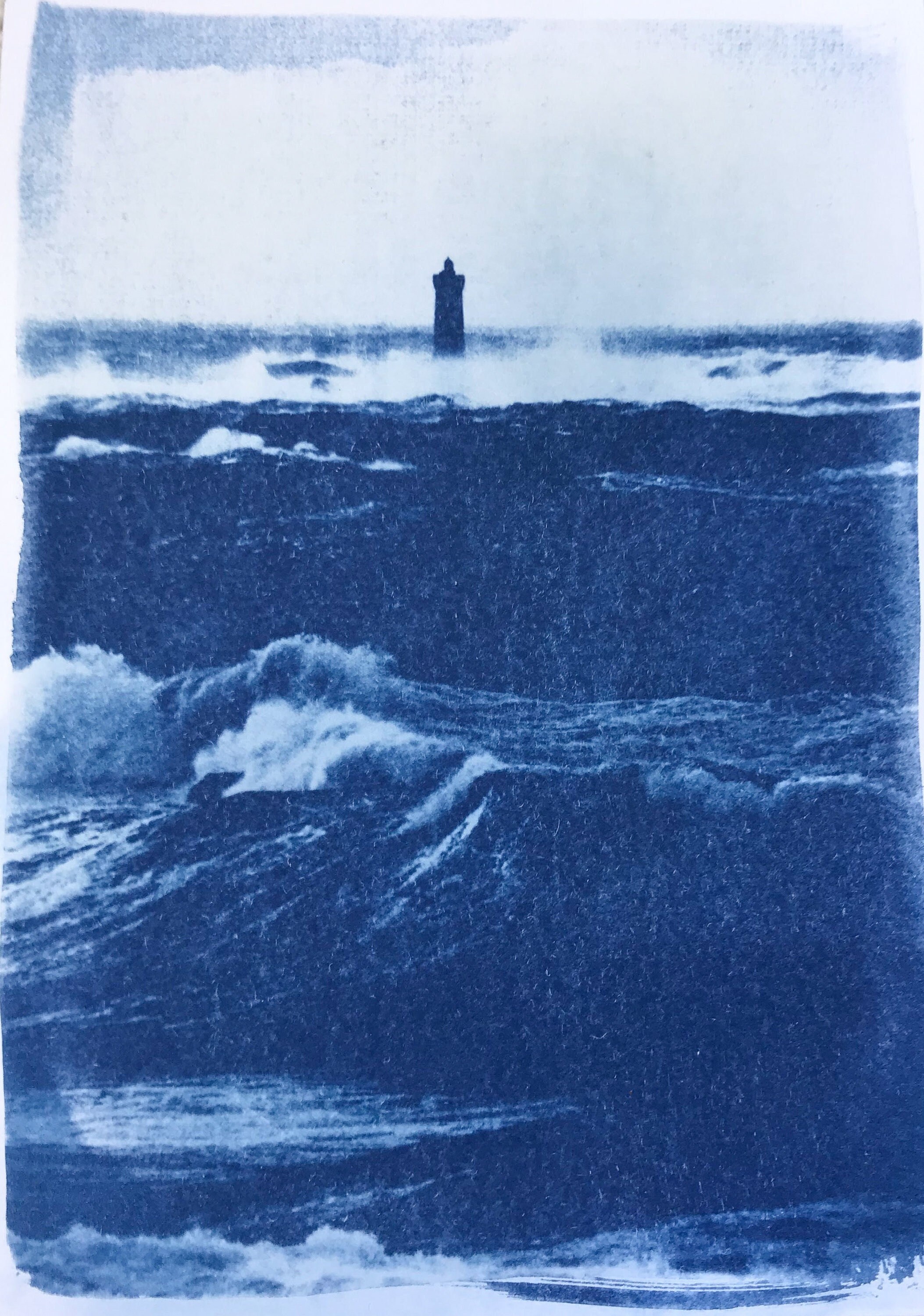 Impression Cyanotype Originale - Le Phare Sous La Tempête