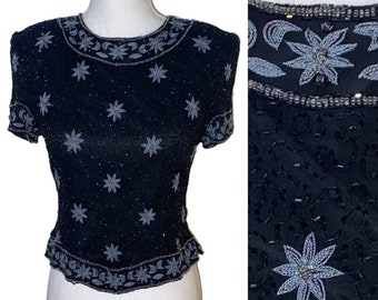 Vintage Adrianna Papell Beaded Silk Top Floral Black Embellished 80s Glam MP
