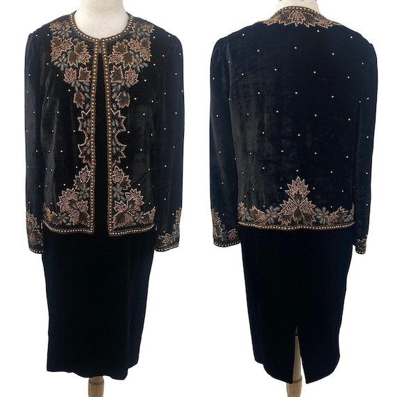 Talbots, Vintage 90s Talbots Velvet Midi Dress & Beaded Jacket Set Matching Black 10 Gold