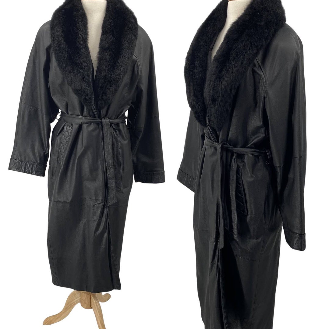 Vintage Leather Trench Coat NZ Possum Fur Trim Black Tie Waist Etsy