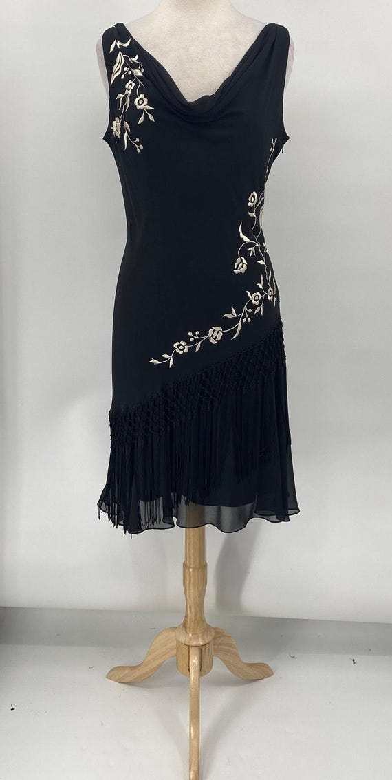 Vintage 90s Alex Evenings Dress Embroidered Cowl Neck Fringe Hem Black Womens 8
