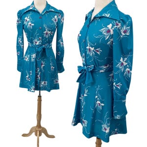 Vintage 70s Shirtdress Fit & Flare Floral Mini Dress Belted Long Sleeve Tea Purple US Womens size 8