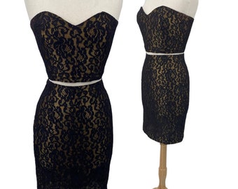 Vintage 90s 2 Piece Set Lace Strapless Bustier Bandeau Top Pencil Skirt Gold Black Womens size 6