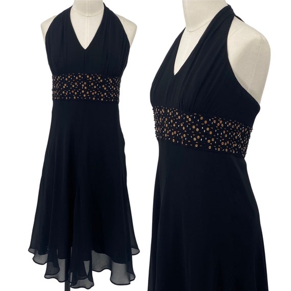 Vintage Y2k Jones New York Silk Dress Halter Neck Beaded Empire Waist Black Womens size 6 Vintage Y2k Jones New York Silk Dress Halter Neck Beaded Empire Waist Black Womens size 6