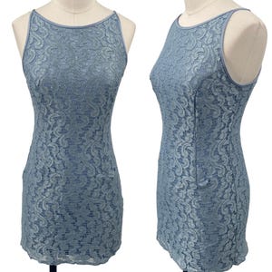 Vintage 90s Jessica McClintock Floral Lace Mini Dress High Neck Powder Blue