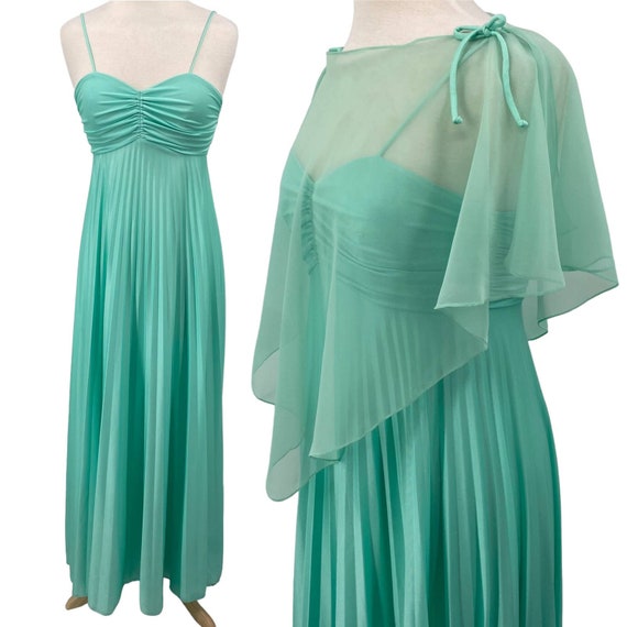 Vintage 70s Pleated Maxi Dress w Sheer Cape Mint G