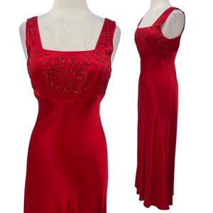 Vintage 90s Be Smart Satin Maxi Dress Gown Empire Waist Sparkle Design Red 6 8