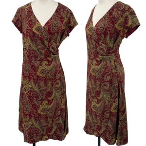 Vintage 90s Ralph Lauren Silk Paisley Knee Length Dress Faux Wrap