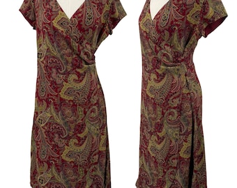 Vintage 90s Ralph Lauren Silk Paisley Knee Length Dress Faux Wrap Red Green Womens size Small
