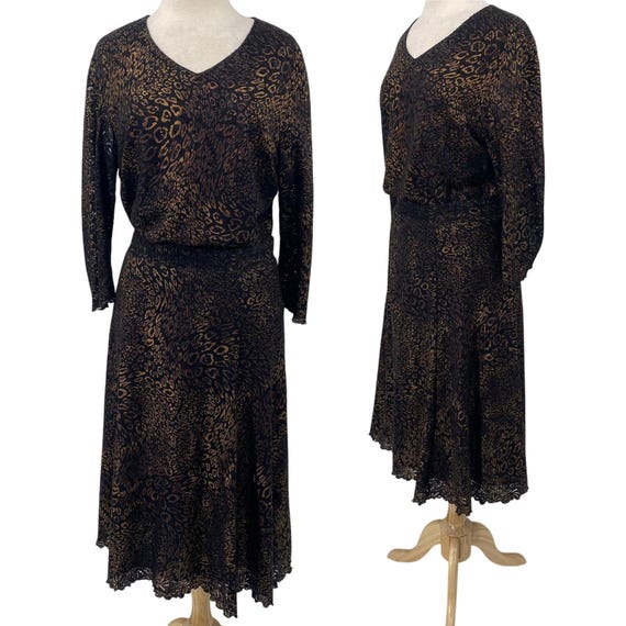 Laura Ashley, Vintage 90s Laura Ashley Cheetah Animal Print Lace Top & Midi Skirt Set Black 16