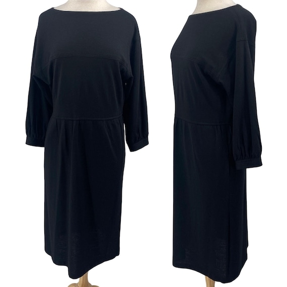 Halston, Vintage Halston Wool Midi Sheath Dress Boat Neck 3/4 Sleeve Black Womens 12