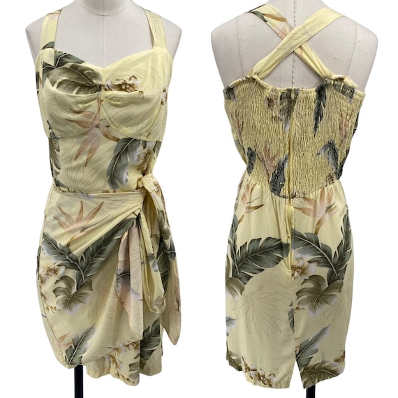 Vintage 90s Paradise Found Tropical Hawaiian Sarong Mini Dress Wrap Front Yellow