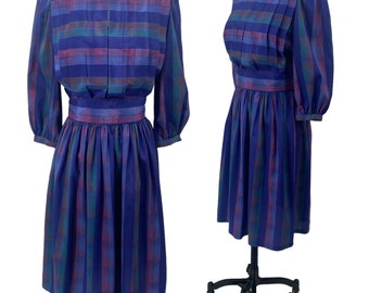 Vestido midi entallado y acampanado con cuadros iridiscentes de Jonathan Martin, años 80, manga larga con cinturón, color morado, para mujer, talla XS