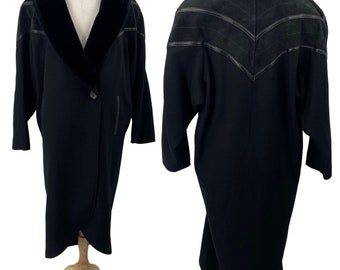 Vintage Wool Coat Oversized Faux Fur Collar Suede Leather Detail Black Womens XL