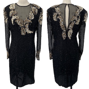Vintage 80s Scala Silk Sequined Beaded Cocktail Dress Black Gold Silver Size 10