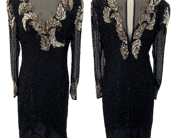 Vintage 80s Scala Silk Sequined Beaded Cocktail Dress Black Gold Silver Size 10