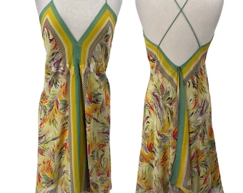 Vintage Y2k Nicole Miller Abito in seta con motivo floreale Mini giallo NUOVO Donna 8