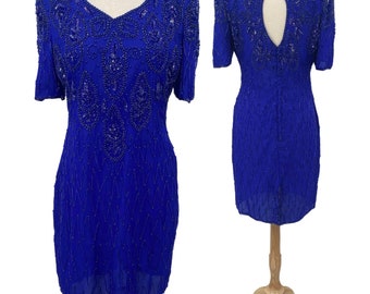 Vintage 80s Beaded Silk Mini Dress Keyhole Back V Neck Shoulder Pads Cobalt Blue Womens size Large