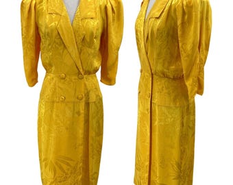 Vintage 80s Satin Floral Wrap Dress Double Breasted Puff Sleeve Yellow Womens 10