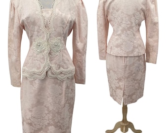 Vintage 80s Scott McClintock Skirt Suit Set Blazer Jacket Brocade Floral Light Pastel Pink Womens size 8