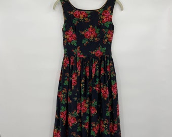 Vintage 1960s Fit N Flare A Line Dress Floral Print Sleeveless Womens XXS