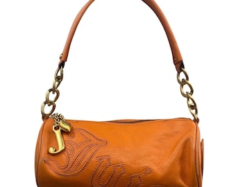 Vintage Y2k Juicy Couture Barrel Shoulder Bag Purse Leather Orange Logo Charm