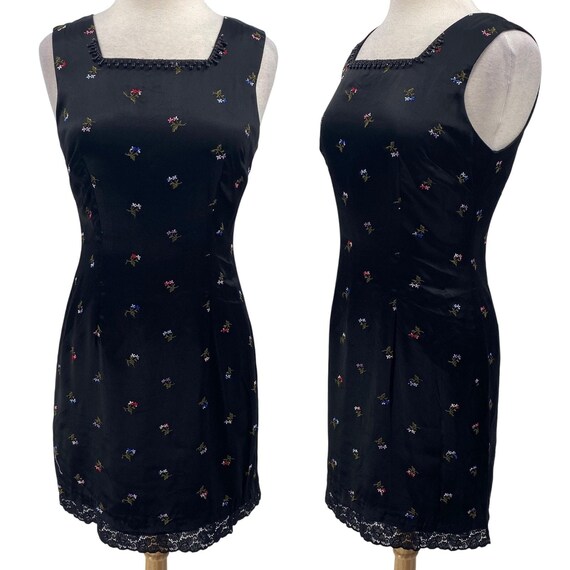 Vintage 90s Satin Mini Dress Embroidered Floral Beaded Squareneck Black Womens 8 Vintage 90s Satin Mini Dress Embroidered Floral Beaded Squareneck Black Womens 8