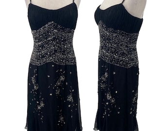 Vintage Y2k Bicici Abito in seta con perline, vita impero, plissettato, argento e nero, taglia da donna 10