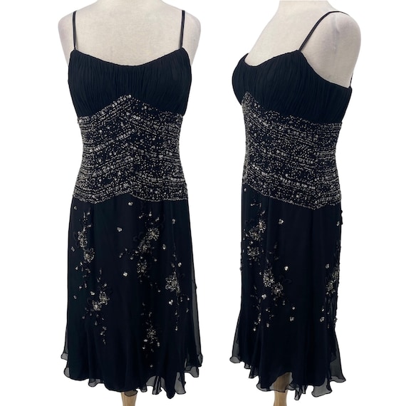 Vintage Y2k Bicici Silk Beaded Dress Empire Waist Pleated Silver Black Womens size10 Vintage Y2k Bicici Silk Beaded Dress Empire Waist Pleated Silver Black Womens size10