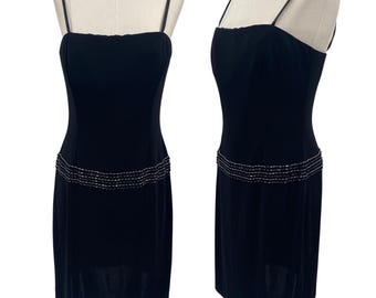 Vintage 90s Papell Boutique Mini Cocktail Dress Beaded Drop Waist Black Silver 6