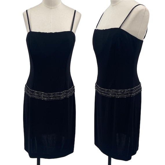 Vintage 90s Papell Boutique Mini Cocktail Dress Beaded Drop Waist Black Silver 6 Vintage 90s Papell Boutique Mini Cocktail Dress Beaded Drop Waist Black Silver 6