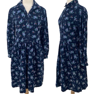 Vintage 90s Eddie Bauer Corduroy Shirtdress Floral Print Swing Dress Mini Blue M