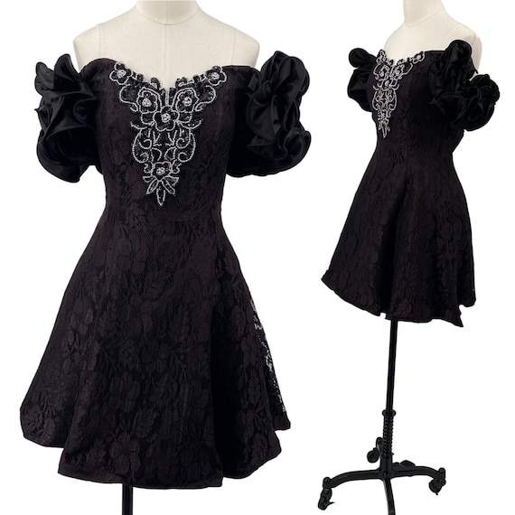 Vintage 80s Betsy & Adam Fit and Flare Lace Dress Beaded Sequined Floral Embellished Puff Sleeve off Shoulder Black Silver Womens Size XS - Etsy Vintage 80s Betsy & Adam Fit and Flare Lace Dress Beaded Sequined Floral Embellished Puff Sleeve off Shoulder Black Silver Womens Size XS - Etsy