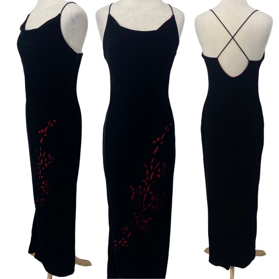 Vintage 90s Velvet Gown Floral Laser Cut Red Cowl… - image 2