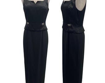 Vintage 90s Papell Boutique Satin Gown Layered Peplum Bodice Embellished Black 8