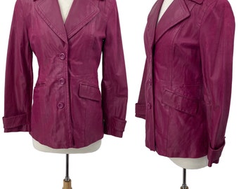 Vintage Lederjacke Einreiher Button Down Kragen Lila Magenta XS