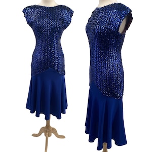 Vintage 70s 80s Sequin Chiffon Hem Midi Dress Cocktail Cobalt Blue Womens Small