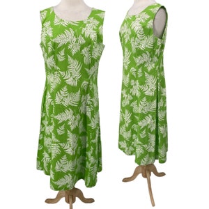 Vintage 70s Tank Dress Cotton Leafy Floral Patterned Midi NEW Green White Womens size 14