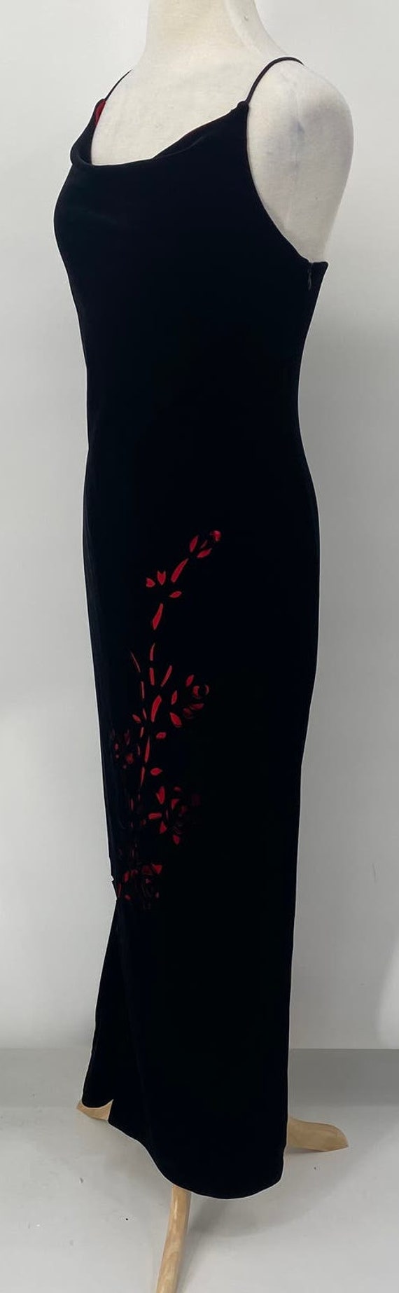 Vintage 90s Velvet Gown Floral Laser Cut Red Cowl… - image 6